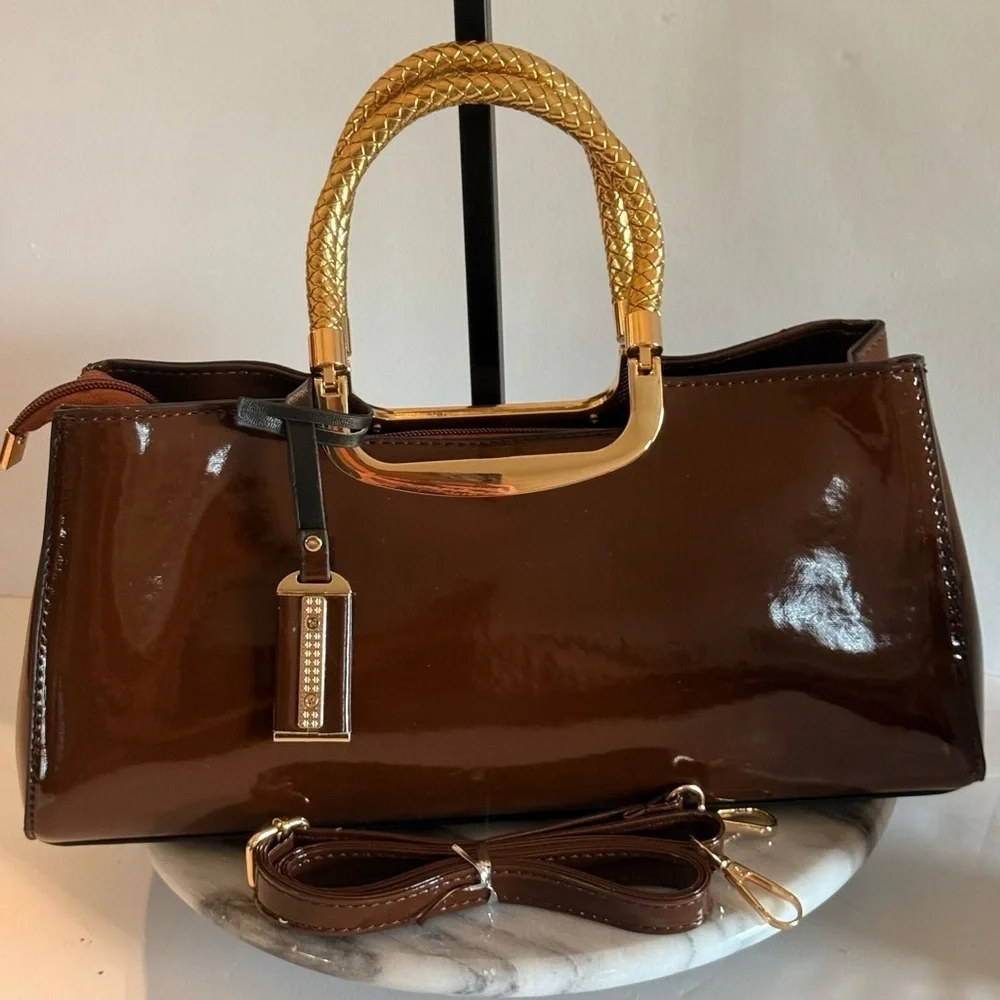 NWOT Elegant Evening Satchel Crossbody Bag Glossy Brown Zipper PU Leather Dusty